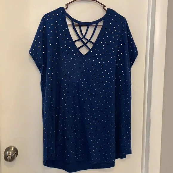 Lane Bryant blue t shirt with gold foil dot pattern pattern. Size 22/24. - Picture 3 of 3